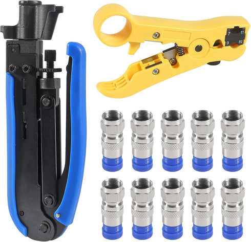 Coaxial Compression Tool Coax Cable Crimper Kit Adjustable RG6 RG59 RG11 75-5 75-7 Coaxial Cable Stripper with 10pcs F Compression Connectors Blue...