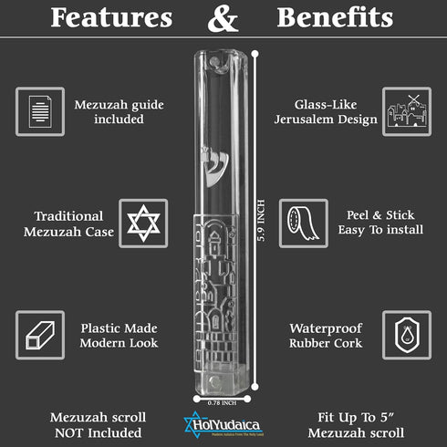 HolYudaica Lucite Mezuzah Case with Jerusalem Wall Decoration, fit up to 5inch / 12cm Mezuzah Scroll (Scroll Not Included), Waterproof Cace Protec...