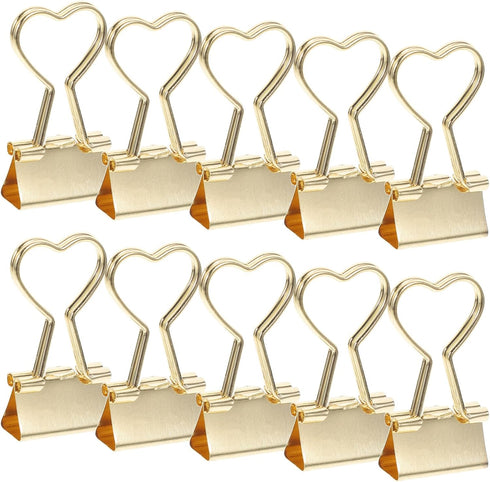 10pcs Heart Shape Binder Clips Gold Metal Binder Clips with Heart Shaped Handle Cute Paper Clamps Paperclips Bookmarks Invoice Bill Clip for Offic...