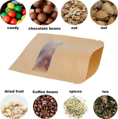 SHEUTSAN 500 Pack Kraft Bags with Window, 3.5 x 5.5 Inches Stand Up Storage Pouches Ziplock Sealing Packaging Paper Bag Resealable Sample Bags for...