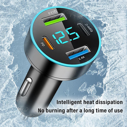 4-in-1 Fast Car Charger,PD/QC3.0/Type C Car Charger Fast Charging,Universal Car Phone Charger Cigarette Lighter USB Charger with Blue LED & Voltme...