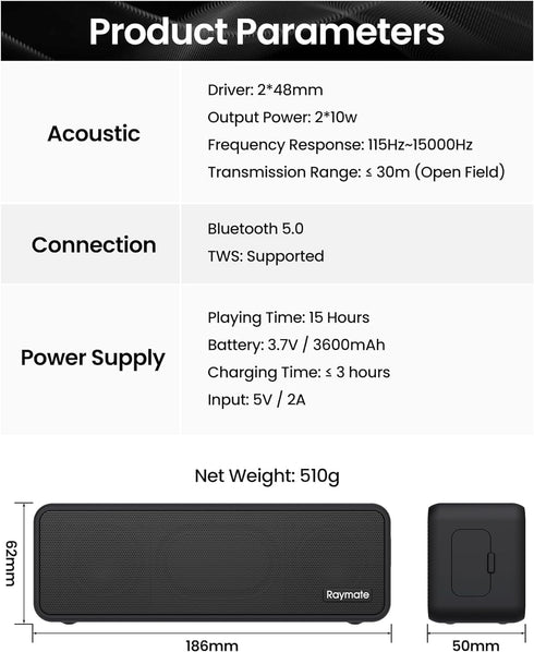 Raymate Bluetooth Speakers, 20W IPX7 Waterproof Speaker Wireless Bluetooth-V5.0, HiFi Stereo Sound, 1000mins Playtime, Portable Speaker for Home, ...