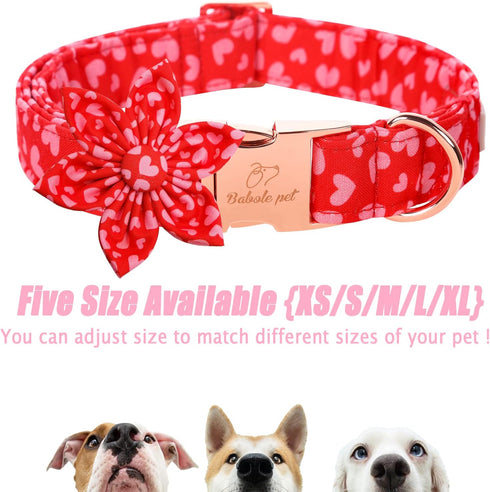 Valentine's Day Dog Collar with Flower Tie, Pink Red love Male Dog Collar with Safety Metal Buckle Adjustable Puppy Collars for Small Medium Large...