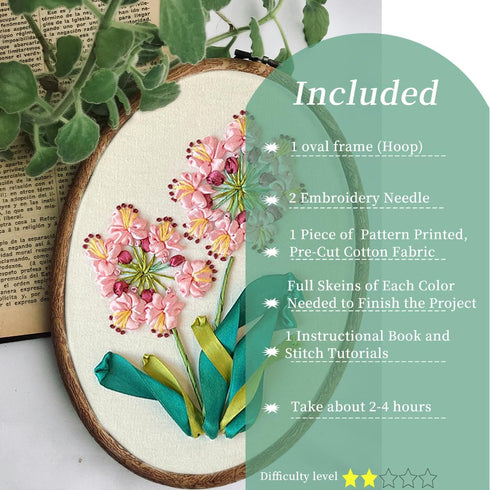 FONNUY Ribbon Embroidery 3D Flowers Pattern Design Kit Embroidery DIY Handwork Set Oval Home Decoration (Pink Crabapple)......