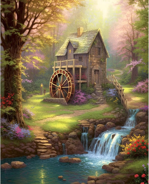 Tucocoo DIY Paint by Number for Adults, Green Forest Digital Oil Painting Kits on Canvas with Brushes and Acrylic Pigment Cabin Waterwheel Waterfa...