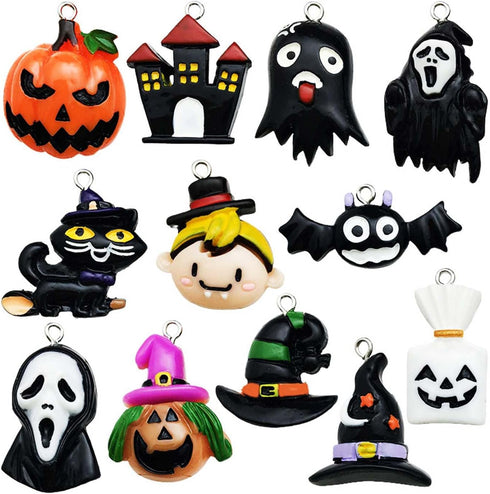 12Pieces Various Halloween Resin Pendant Cartoon Pumpkin Hat Bat Skull Pendant DIY for Earrings Necklace Bracelet Jewelry Making and Crafting Supp...