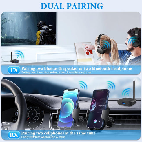 2 in 1 Bluetooth V5.3 Transmitter Receiver for TV to 2 Wireless Headphones, 3.5mm Jack Wireless Audio Adapter Support AptX Low Latency, HiFi Music...