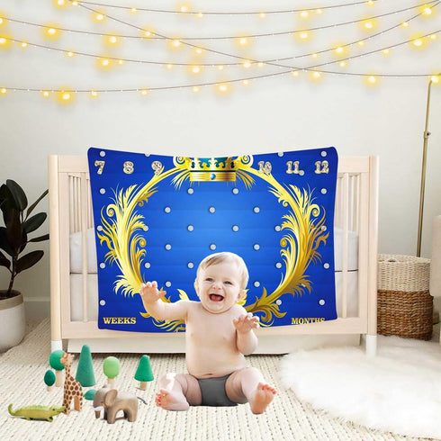 Royal Blue Gold Theme Baby Monthly Milestone Blanket Royal Blue Crown Prince or Princess Newborn Photo Background Mom Gift Baby Party Decor New Ba...
