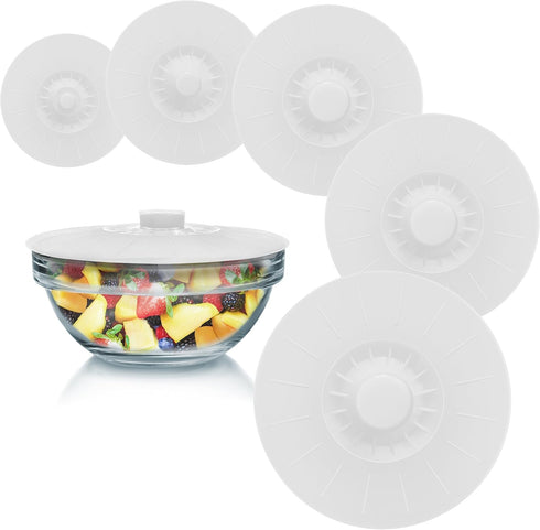 Silicone Bowl Lids White, Set of 5 Reusable Suction Seal Covers for Bowls, Pots, Cups. Food Safe. Natural grip, interlocking handles for easy use ...