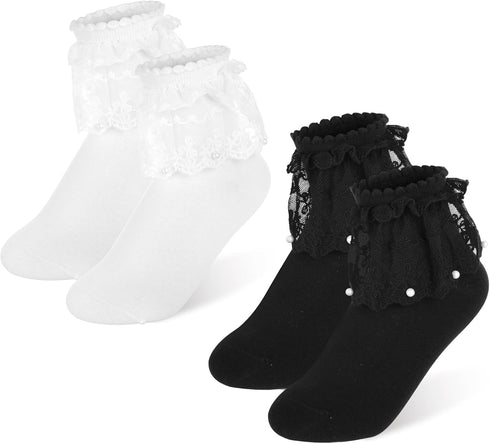 2 Pair Frilly Ankle Socks Women Lace Ruffle Frilly Socks for Women Pearls Ankle Ruffled Socks Pearl Lace Ankle Socks Cute Cotton Socks Communion S...