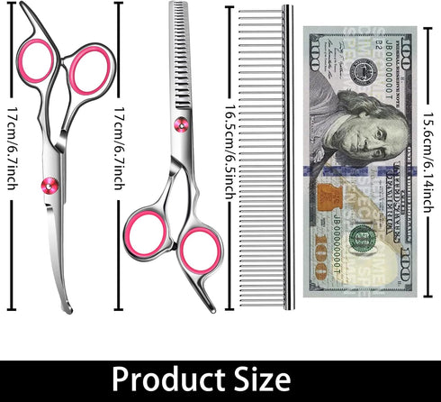 Pink Dog Grooming Scissors with Safety Round Tip,Pet Grooming scissors Kit,Dog Shears for Grooming,Incude Thinning,Curved Grooming Scissors and Co...
