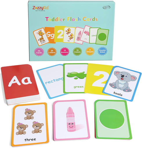 ZazzyKid Flash Cards for Toddlers Learning: 54 Double Sides Flashcards for Alphabets, Numbers, Colors, Shapes - Educational Toys for Preschool...