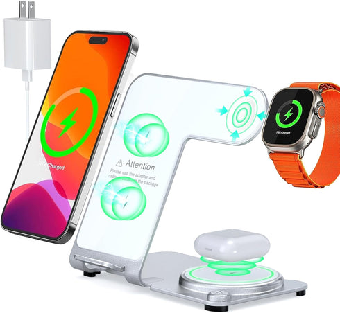 3 in 1 Charging Station for Multiple Devices Apple - Aluminum Alloy Fast Wireless Charger Stand Dock for iPhone 15/14/13/12/11/Pro/Max/XS/XR/X/Plu...