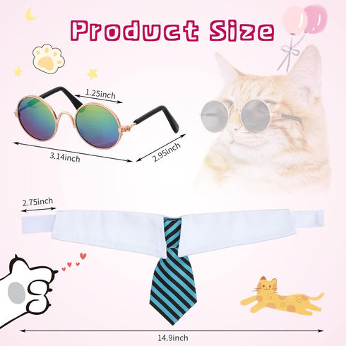 8 Pcs Pet Dog Cat Costume Halloween Dog Neck Tie Dog Sunglasses for Small Dog Cat Round Metal Classic Retro Sunglasses Tie Pet Costume Tuxedo Neck...