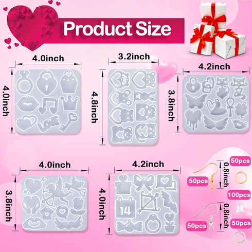 5 Packs Valentine's Day Earring Resin Silicone Molds Kit, Love Heart Shape Resin Mold with 300Pcs Earring Hook Jump Ring for Epoxy Resin Casting D...