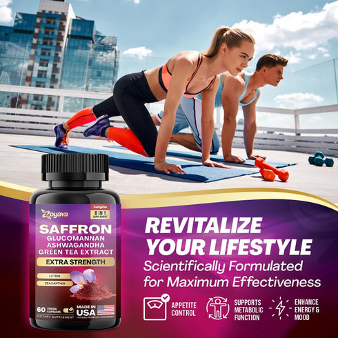 Zoyava Saffron Supplements 1000mg Glucomannan 1000mg Ashwagandha 1000mg Green Tea Extract 1000mg Lutein & Zeaxanthin - Pure Saffron Extract Capsul...