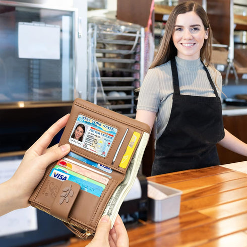 Small Bifold Wristlet Wallet for Women – Handmade, RFID Blocking Wallet Case with Credit Card Sleeves, Cash & Coin Storage Compartments – Mini Pur...