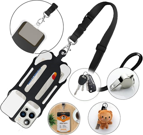 Phone Lanyard, Phone Lanyards for Around the Neck, 2 in 1 Phone Strap with Silicone Phone Holder and Patch, Fits iPhone and Most Cell Phones (Blac...