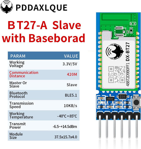 DX-BT27-A Bluetooth Module Long Range Up to 420m BLE 5.1 Support Scanning QR Code to Connect Wireless Bluetooth TF Transceiver Module for Arduino ...