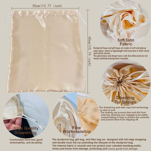 Soft Large Satin Dust Covers Drawstring Bag 5 Pack Silky Fabric For Wigs Purses Handbags Protection Bras Cloth Oganizer (champagne, 13.8x15.8''/35...
