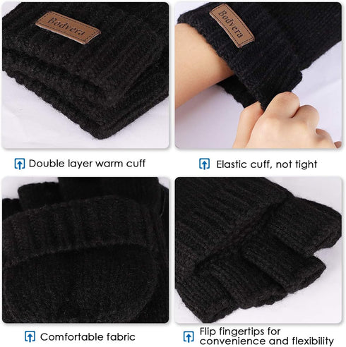 Thermal Insulation Fingerless Texting Wool Gloves for Women and Men Winter Warm Knitted Convertible Mittens Flap...