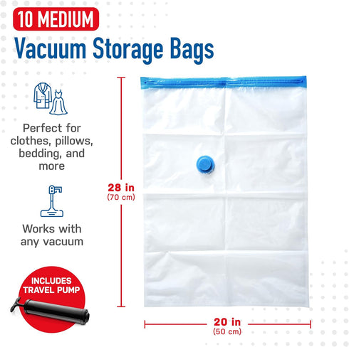 10 Pack Medium Vacuum Storage Bags for Comforters, Blankets & Clothes – Vacuum Sealed Compression Bags with Hand Pump – Space Saver Storage Bags f...