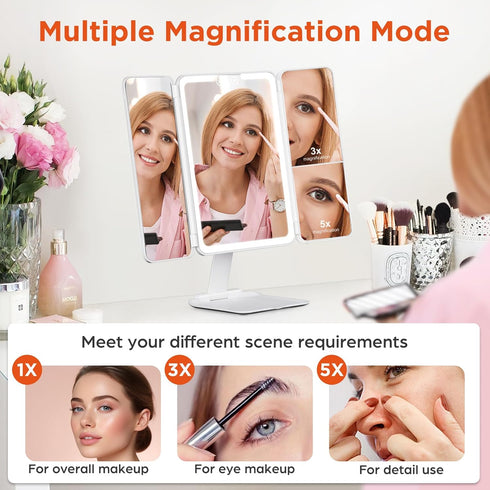 Travel Makeup Mirror, Rechargeable 1X/3X/5X Magnifying Trifold Makeup Mirror with Lights, 3 Color Lights, Touch Control Lighted Vanity Compact Mir...