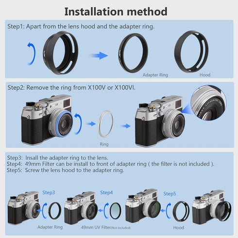 Haoge LH-X53B 3in1 Lens Hood with Adapter Ring with Cap Set for Fujifilm X100VI Fuji FinePix X70 X100 X100S X100T X100F X100V Camera Black replace...