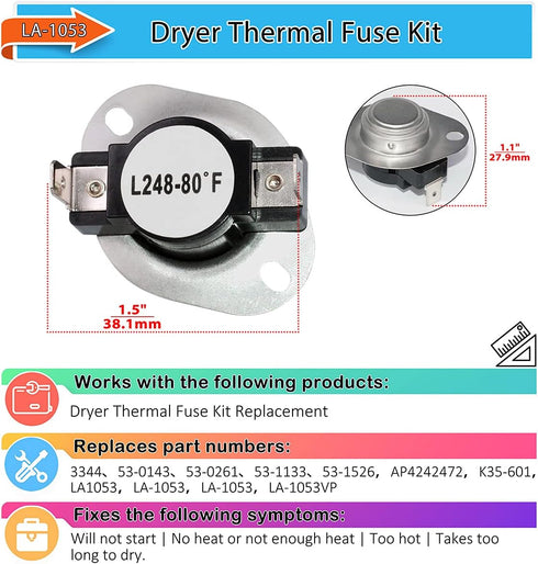 Ansoon LA-1053 Dryer Thermal Fuse Kit Replacement part Compatible for Whirlpool Dryers Replaces 53-1133 53-1526 AP4242472 K35-601