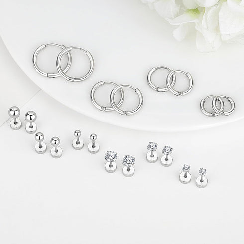 10 Pairs Surgical Steel Earrings Sets for Multiple Piercing, Lightweight Small Huggie Hoop Earrings, Flat Back Tiny Ball CZ Stud Earrings for Cart...