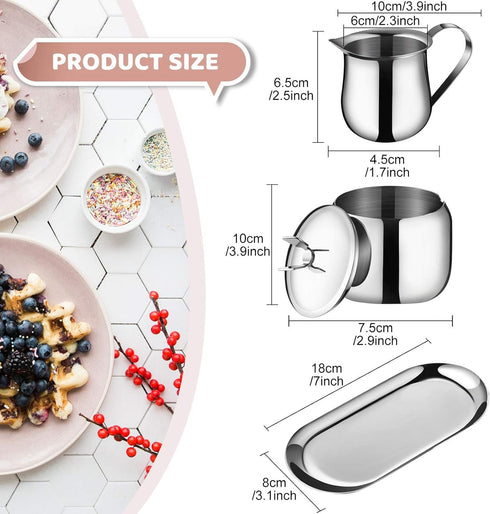 Creamer and Sugar Bowl Set Stainless Steel Latte Milk Cup Cream Jug and Sugar Bowl with Lid Spoon Tray for Coffee Serving Set Frothing Milk...