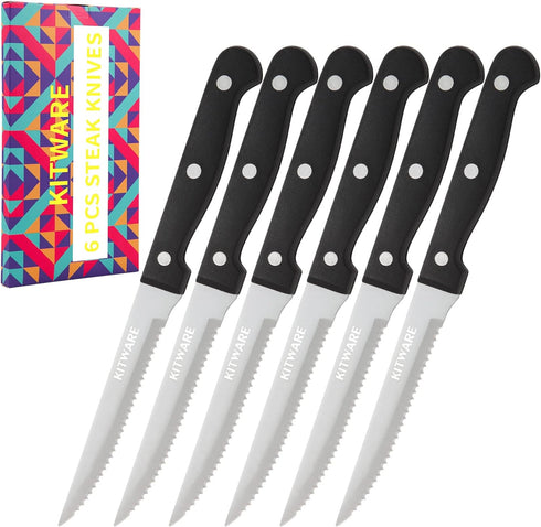 KITWARE Steak Knives Set in Gift Box,4.5 inch Sharp Steak Knives Set of 6, Serrated Edge Knife with Black Handle,Stainless Steel Knifes for Bread,...