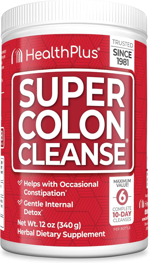 Health Plus Super Colon Cleanse, 12 oz Powder, 68 Servings - Natural Detox, Digestive Constipation Relief, Gentle Gut Cleanse with Psyllium Husk &...