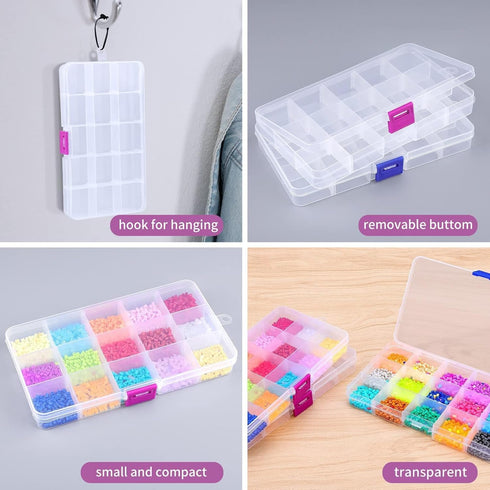 Opret 15 Grids Bead Organizer(4 Pack), Earring Organizer Box, SMALL Plastic Clear Organizing Containers with Adjustable Dividers for Crafts Jewelr...