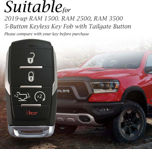 Vitodeco Genuine Leather Smart Key Fob Case Cover Protector Compatible with RAM 1500, RAM 2500, RAM 3500 2019-2025 (5-Button with Tailgate, Black/...