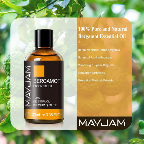 Bergamot Essential Oil, MAYJAM Premium Pure Essential Oils, 3.38FL.OZ Large Volume for Diffusers Soap Candle Making, Ideal for Home Office Car Yog...