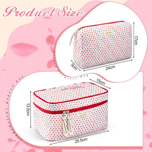 2 Pcs Cotton Quilted Makeup Bag, Large Travel Coquette Cosmetic Bag, Aesthetic Cute Floral Cherry Peony Toiletry Organizer skincare Bag for Women ...