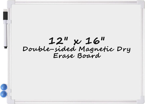White Board Dry Erase, Small Dry Erase Board 12" x 16", Double Sided Magnetic Whiteboard with Dry Erase Marker & Magnets, Small White Board, Alumi...