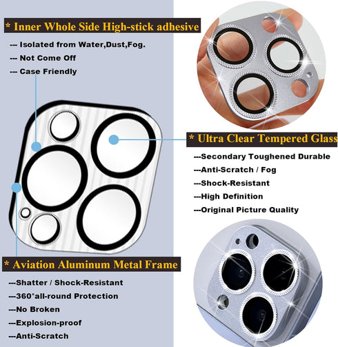 2 Pack Camera Lens Protector Compatible for iPhone 13 Pro/Max, Aluminum Alloy Metal & 9H Tempered Glass Camera Cover Shock/Water-Proof,Shatter/Scr...