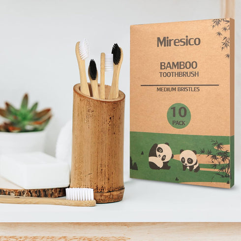 Bamboo Toothbrushes (10 Pack), BPA Free Toothbrush Medium with Firm Bristles, Eco-Friendly, Natural Biodegradable & Compostable Charcoal Wooden To...