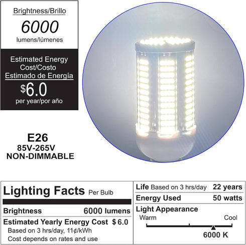 2 Pack 400W Equivalent Led Corn Light Bulb, 6000 Lumen 6000K Daylight 50W LED Corn Lamp, E26/E27 Medium Base for Indoor Garage Factory Warehouse B...
