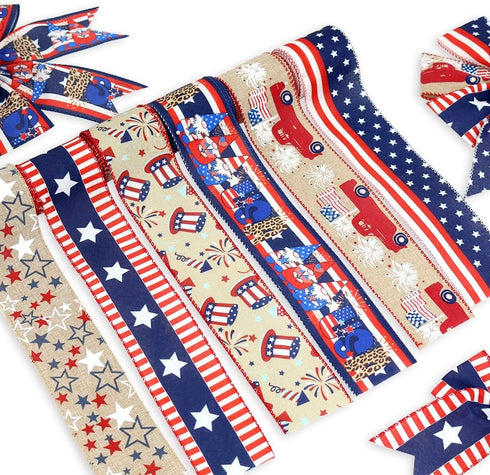 2.5'' Patriotic Ribbon and Blue Crafting Ribbon(30 Yards). Stars Stripes, Vintage Red Truck,American Flag,Uncle Sam Hats, Fireworks, Rockets ,Gnom...