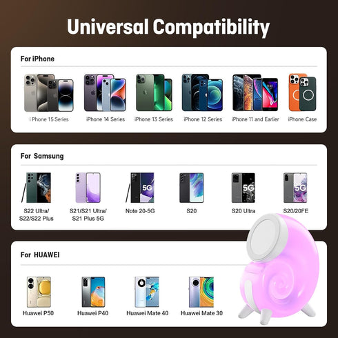 Mini Conch Magnetic Wireless Charging Atmosphere Lamp, 15W Wireless Charging Station, Touch to Adjust Lighting, Colorful RBG Light (White)...