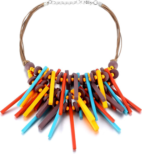 Halawly Women Layered Beads Necklace, Long Acrylic Chunky Small and Large Wooden Beads Statement Strand Necklace, Multicolor Big Costume Pendant N...