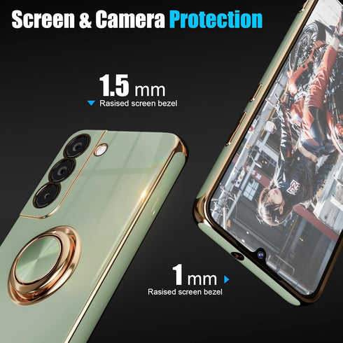 yuanming for S22 Phone Case,+Screen Protector,with Magnetic Kickstand,Built-in 360° Rotation Ring Holder,Plating Gold Edge Slim Soft TPU Shockproo...
