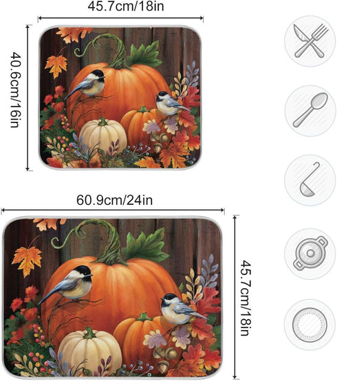 Absorbent Dish Drying Mat for Kitchen Counter - Pumpkin Birds Thanksgiving Day Microfiber Drying Pad, Reversible Drainer Mats for Countertop, Larg...