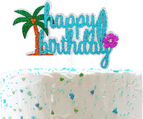 Hawaii Birthday Cake Topper - Tropical Hawaiian Luau Party Glitter Palm Tree Cake Topper Supplies - Summer Holidays Cake Topper Party Decorations...