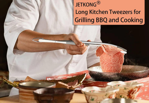 JETKONG 2 Pcs 12'' Curved Kitchen Tweezers Stainless Steel Long Tweezer Tongs Professional Chef Tweezers for Cooking, Grilling and BBQ (Silver)...
