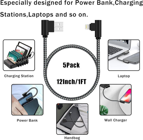iPhone Charger 1Ft MFi Certified Short Lightning Cable Braided 90 Degree Elbow Charging Cable Compatible with iPhone 14 13 12 11 Pro X XS XR 8 Plu...