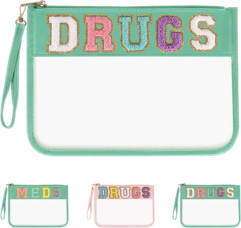 Iqimott Chenille Letter Patch Bag Clear MEDS Drugs Pouch, Preppy Portable Cosmetic Makeup Bag for Women Girls Travel, Waterproof Nylon Zipper Toil...